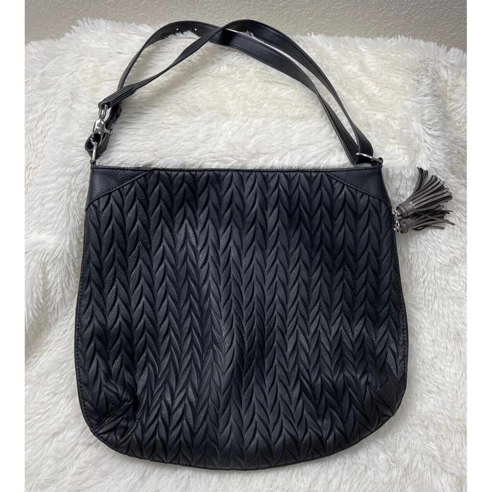 STELLA & DOT Black Braided Textured Handbag Purse Tassels Expandable Boho Grunge